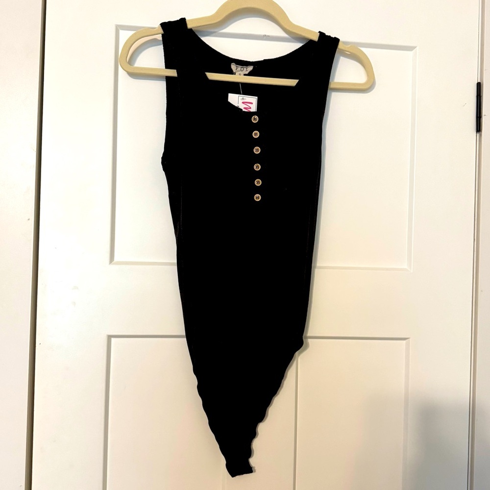 POL | Women’s Small Black Sleeveless Bodysuit with Button Detail Henley NWT